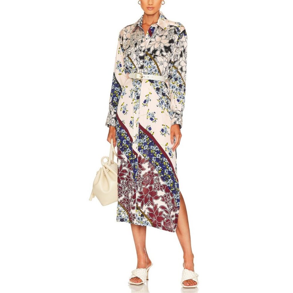 Smythe Floral Patchwork Long Sleeve Midi Dress in Cream, Burgundy & Navy